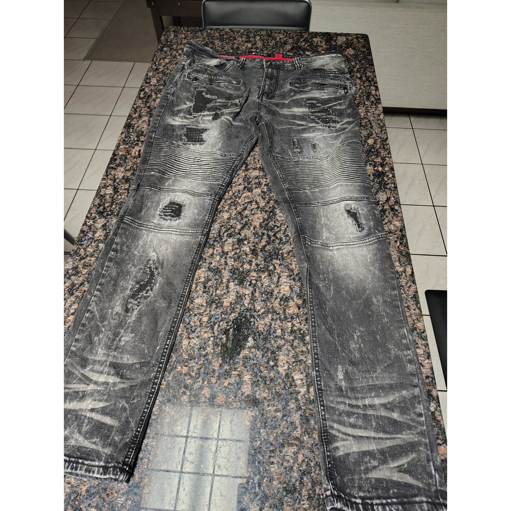 Makobi Mens Moto Biker Jeans Black Acid Wash Distressed M1786 38x34